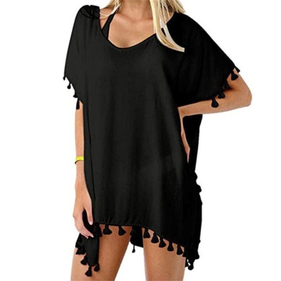 Flattering Tassel Beach Swim Coverup Black Pom Pom - Picture 7 of 7